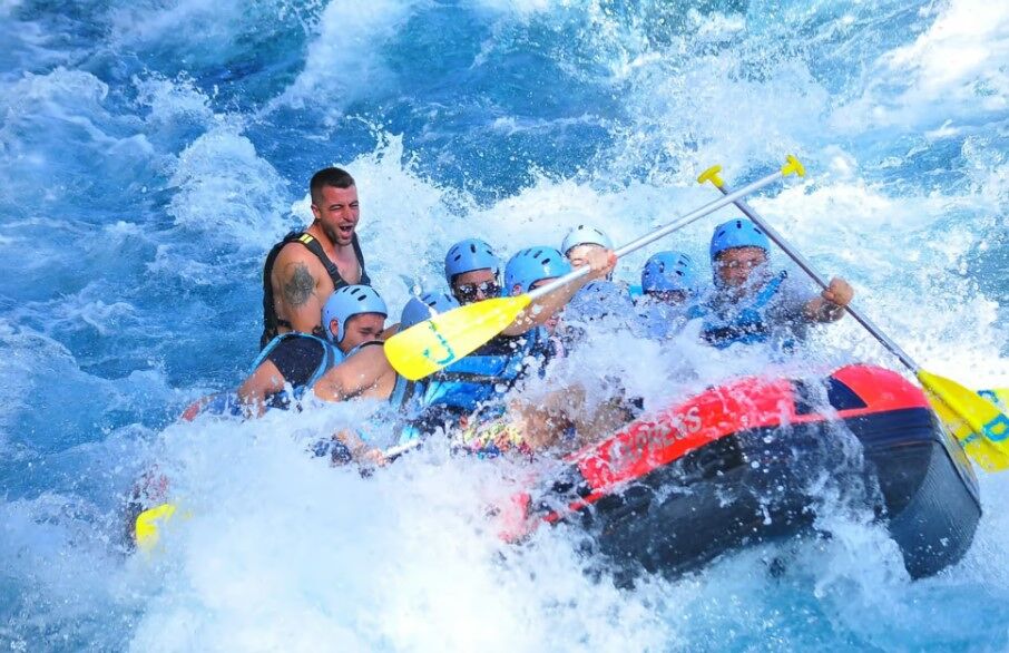 Rafting on a fast-flowing river
